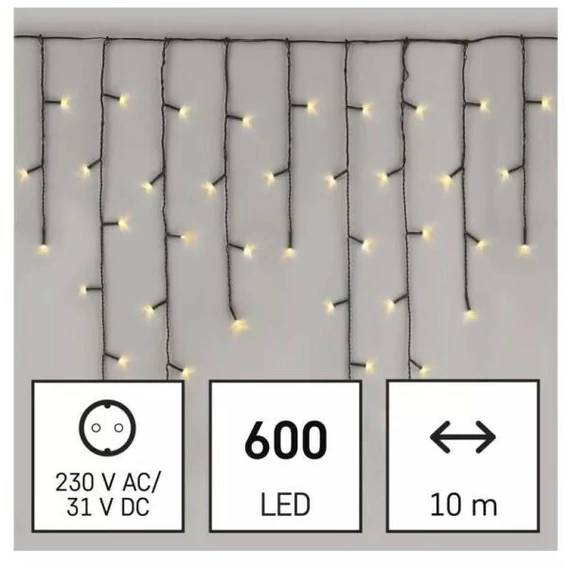 Kültéri LED-es jégcsap fényfüggöny (600LED/10méter) 8 program, melegfehér